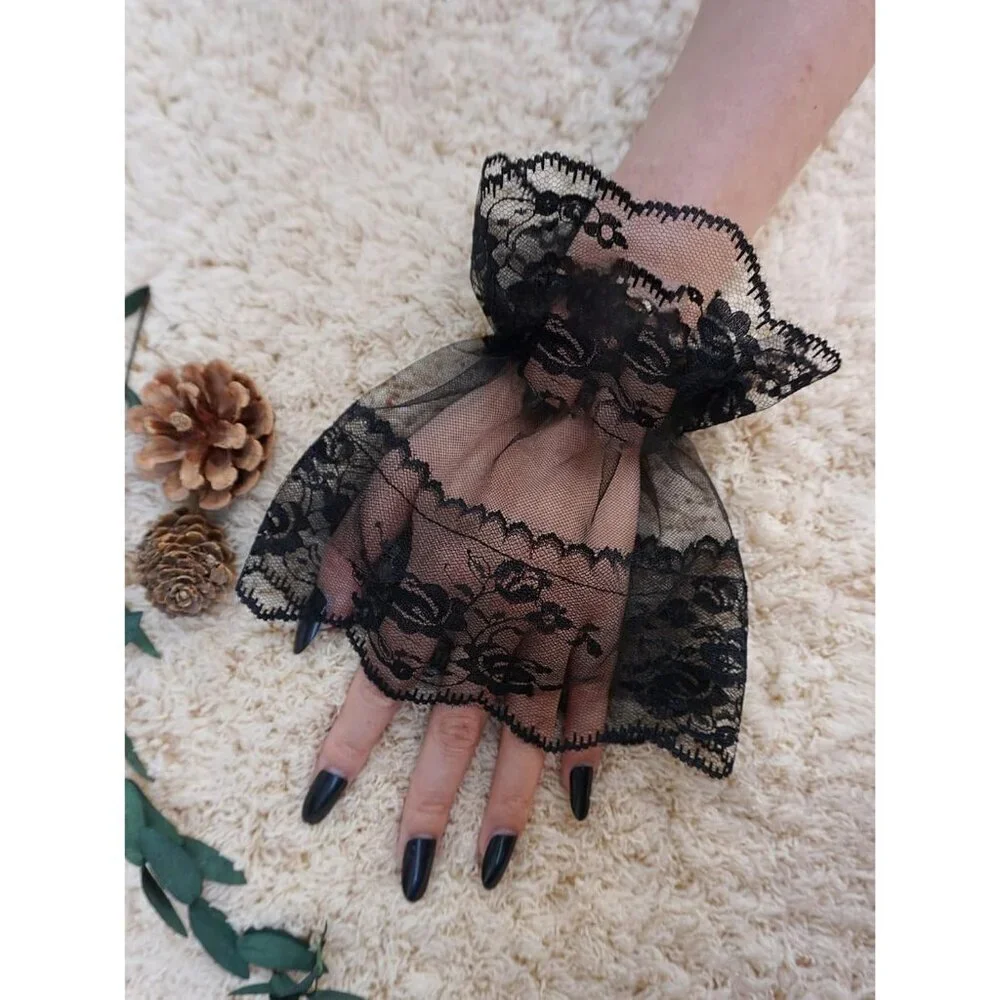 Women's Front Wrist Cuff Floral Lace Bow Wrist Black Solid Bridal Prom Gloves